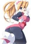  ass bangs black_legwear blonde_hair blue_eyes blush bodystocking breasts capcom ciel_(rockman) covered_nipples double_v eyebrows_visible_through_hair from_behind gloves hair_between_eyes hand_gesture happy headgear high_heels high_ponytail kneeling leaning_forward long_hair looking_at_viewer looking_back miniskirt open_mouth pantyhose ponytail rockman rockman_zero semikichi simple_background skin_tight skirt smile solo twisted_torso v white_background white_gloves 
