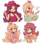  bare_shoulders blonde_hair blue_dress blue_eyes brown_hair charamells dress earrings flower_earrings halterneck hat index_finger_raised jewelry lipstick long_hair makeup mario_(series) multiple_girls orange_dress pauline_(mario) pink_dress princess_daisy princess_peach puffy_short_sleeves puffy_sleeves red_dress rosetta_(mario) short_hair short_sleeves simple_background smile star star_earrings super_mario_bros. super_mario_galaxy super_mario_odyssey super_smash_bros. white_background 