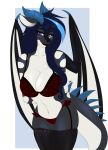  2018 anthro blue_horn bra breasts clothing digital_media_(artwork) dragon ei-ka female horn membranous_wings navel purple_eyes ridged_horn simple_background solo underwear wings 