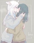  animal_ears black_hair blue_eyes cardigan cat_ears closed_eyes dog_ears hug imminent_kiss long_hair long_sleeves multiple_girls nekoya_saki open_cardigan open_clothes original pleated_skirt skirt sweater white_hair yuri 