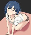  ;d all_fours black_panties blue_hair blush breasts cleavage darling_in_the_franxx dylannn green_eyes hair_ornament hairclip half-closed_eyes ichigo_(darling_in_the_franxx) jewelry kneeling looking_at_viewer necklace one_eye_closed open_mouth panties shirt short_hair small_breasts smile underwear white_shirt 