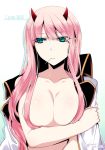  bangs blue_eyes breasts character_name closed_mouth commentary_request darling_in_the_franxx dated drop_shadow eyebrows_visible_through_hair horns jacket_on_shoulders konshin large_breasts looking_to_the_side mouth_hold nude pink_hair signature simple_background solo upper_body white_background zero_two_(darling_in_the_franxx) 