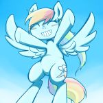  2018 blue_background blue_feathers blush collaboration cute cutie_mark doubt0308 equine eyelashes eyes_closed feathered_wings feathers female feral flying friendship_is_magic grin hair happy hi_res hooves mammal multicolored_hair my_little_pony nude outside pegasus portrait possssessss rainbow_dash_(mlp) rainbow_hair simple_background sky smile solo spread_wings teeth umehachi underhoof wings 