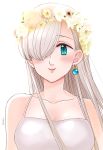  aqua_eyes artist_name bangs bare_shoulders blue_earrings blue_eyes blush breasts cleavage collarbone elizabeth_liones flower flower_wreath hair_over_one_eye harumiya head_wreath jewelry lily_(flower) lips long_hair looking_at_viewer nanatsu_no_taizai rose single_earring smile upper_body white_background white_hair 