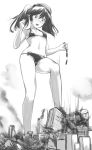  1girl bikini city crush excited fang giantess kantai_collection monochrome navel rakia_(ds00309) ryuujou_(kantai_collection) small_breasts solo standing sweatdrop thighs train twintails 