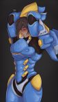  antiheld arms_up brown_hair closed_eyes commentary dark_skin grey_background headwear_removed heavy_breathing helmet helmet_removed highres hot lips overwatch pharah_(overwatch) power_armor solo sweat 