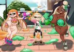  3girls alternate_breast_size areolae breast_envy breasts cleavage collarbone curvy gray_impact green_eyes green_hair green_nails highres hime_(splatoon) huge_breasts iida_(splatoon) ink inkling inverted_nipples lactation large_areolae looking_at_viewer mask mole mole_under_mouth multicolored_hair multiple_girls nail_polish navel nipples octarian orange_hair pointy_ears purple_hair short_hair smile splatoon splatoon_2 symbol-shaped_pupils teeth tentacle_hair thighs topless two-tone_hair uncensored wide_hips 