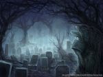  commentary_request fog graveyard highres night no_humans official_art outdoors scenery seisen_cerberus statue tombstone tree watermark z.dk 