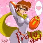  1girl arm_cannon arm_over_head artist_name blues_(rockman) blush bodysuit breasts brown_hair character_name covered_navel dated female genderswap genderswap_(mtf) glasses green_eyes hand_behind_head heart hips jackrose_mary lipstick medium_breasts pink_background rockman rockman_(classic) scarf short_hair sidelocks solo speech_bubble sunglasses text_focus tight weapon yellow_scarf 