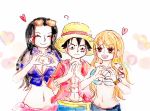  1boy 2girls black_eyes black_hair monkey_d_luffy multiple_girls nail_polish nami_(one_piece) nico_robin one_piece pearl_necklace scar smile 