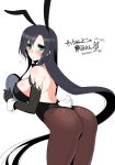  animal_ears ass bent_over black_gloves black_hair black_leotard blue_eyes blush breasts brown_legwear bunny_ears bunny_tail bunnysuit commentary_request dated elbow_gloves flying_sweatdrops gloves highres holding konshin large_breasts leotard long_hair looking_at_viewer looking_back original pantyhose signature solo standing tail thong_leotard tray very_long_hair 