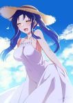  :d armpits bare_shoulders blue_hair blue_sky blush breasts closed_eyes cloud cloudy_sky commentary_request covered_navel day dress facing_viewer hat heart konshin large_breasts long_hair open_mouth original outdoors sky sleeveless sleeveless_dress smile solo straw_hat white_dress 