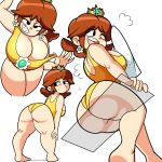  1girl absurdres ass ass_on_glass bent_over black_eyes breasts brown_hair cleavage crown curvy feet from_below highres huge_ass large_breasts leotard mario_(series) naughty_face nintendo one_eye_closed princess_daisy simple_background sitting smile solo_focus strap_pull super_mario_bros. super_mario_land super_smash_bros. thick_thighs towel white_background 