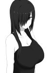  black_hair black_shirt breasts cleavage collarbone eyebrows_visible_through_hair grey_eyes greyscale hair_over_one_eye hand_on_hip highres huge_breasts looking_at_viewer monochrome nao_(ritsancrossover) original pai-chan_(nao) shirt solo tank_top 
