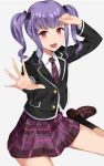  :d absurdres asato_(fadeless) bang_dream! bangs black_bow black_footwear black_jacket blazer bow brown_footwear clenched_hand commentary_request fang grey_background hair_bow hand_to_forehead haneoka_school_uniform highres jacket long_sleeves necktie open_mouth outstretched_hand purple_hair purple_neckwear purple_skirt red_eyes school_uniform shoes sidelocks simple_background sitting skirt smile socks solo striped striped_neckwear twintails udagawa_ako 