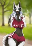  anthro big_breasts black_nose blue_eyes blurred_background bra breasts canine clothed clothing ear_piercing female huge_breasts lycangel mammal naomi_(nnecgrau) open_mouth piercing smile solo sports_bra teeth thin_waist tongue track_shorts underwear 