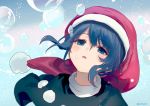  absurdres ainy77 blue_eyes blue_hair bubble commentary doremy_sweet floating_clothes floating_hair from_above hat highres looking_up sky solo touhou turtleneck upper_body 