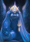  2018 blue_feathers bust_portrait catofrage cosmic_hair crown ear_piercing equine eyelashes feathered_wings feathers female feral friendship_is_magic hair headdress horn long_hair mammal my_little_pony nude piercing portrait princess_luna_(mlp) royalty solo sparkles spread_wings teal_eyes teeth winged_unicorn wings 