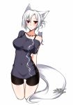  animal_ears bike_shorts blush breasts cat commentary_request covered_navel dated dress folded_ponytail fox_ears fox_tail jewelry konshin large_breasts looking_at_viewer necklace original purple_dress red_eyes short_dress short_hair signature solo tail thigh_gap white_hair 