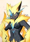  akabane_jin big_breasts black_fur blue_eyes blush breasts cute_fangs featureless_breasts female fur looking_at_viewer nintendo pok&eacute;mon pok&eacute;mon_(species) pose signature standing text traditional_media_(artwork) tuft video_games whiskers yellow_fur zeraora 