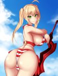  1girl ahoge arashi-arashi ass blonde_hair blus breasts fate/grand_order fate_(series) from_behind green_eyes hair_intakes headband huge_ass large_breasts looking_at_viewer nero_claudius_(fate) nero_claudius_(fate)_(all) shiny shiny_clothes shiny_hair shiny_skin short_hair sideboob smile solo striped striped_bikini swimsuit sword twintails weapon 