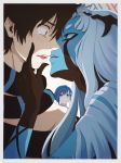  1boy 2girls bangs black_hair blue_eyes blue_hair blue_skin bound chinese_commentary commentary_request couple crying crying_with_eyes_open darling_in_the_franxx eye_contact face-to-face facial_scar hair_ornament hairclip hand_on_another's_chin hetero highres hiro_(darling_in_the_franxx) horns ichigo_(darling_in_the_franxx) kage_leo light_blue_hair long_hair looking_at_another multiple_girls netorare oni_horns open_mouth restrained saliva saliva_trail scar shirtless short_hair signature tears teeth tentacles thick_eyebrows 