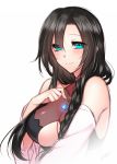  bangs bare_shoulders black_hair blue_eyes blush braid breasts closed_mouth hand_up jewelry konshin long_hair long_sleeves looking_at_viewer necklace original simple_background smile solo underboob upper_body white_background 