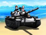  akiyama_yukari beach blonde_hair brown_hair browning_m2 cloud commentary_request day emblem girls_und_panzer graphite_(medium) ground_vehicle gun machine_gun military military_vehicle motor_vehicle mountain multiple_girls nishizumi_miho ooarai_(emblem) ooarai_military_uniform ponytail sand sasaki_akebi short_hair sky tank traditional_media tree type_74 weapon yamucya01 