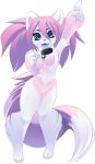  5_fingers anthro blue_nose blue_tongue breasts featureless_breasts featureless_crotch female hair looking_at_viewer mammal purple_hair rudragon smile solo 