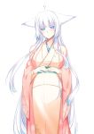  ? animal_ears blue_eyes blush breasts closed_mouth commentary_request fox_ears haori japanese_clothes kimono konshin large_breasts long_hair long_sleeves looking_at_viewer original pregnant sash short_eyebrows simple_background solo standing very_long_hair white_background white_hair wide_sleeves 