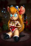  2017 absurd_res anthro belt blonde_hair blurred_background bow_ribbon breasts bustier chip_&#039;n_dale_rescue_rangers choker christmas cleavage clothed clothing disney eyelashes eyewear female fernando_faria fully_clothed gadget_hackwrench goggles hair hi_res holidays holly_(plant) hypnosis legwear long_hair mammal mind_control mouse musical_note open_mouth plant rodent rug spiral_eyes stockings tail_ornament teeth 