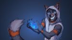  2018 5_fingers anthro black_nose blue_eyes canine clothed clothing digital_media_(artwork) inner_ear_fluff kero_tzuki male mammal sharp_teeth simple_background smile solo teeth 