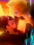  1girl black_coat black_coat_(kingdom_hearts) black_gloves black_hair blonde_hair blue_eyes cloak commentary_request g.g.lemon gloves kingdom_hearts kingdom_hearts_358/2_days medium_hair organization_xiii roxas short_hair spiked_hair xion_(kingdom_hearts) 