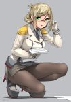  adjusting_eyewear bespectacled black_legwear black_neckwear blonde_hair breasts chestnut_mouth commentary_request eyebrows_visible_through_hair full_body glasses green_eyes grey_background grey_shirt happa_(cloverppd) kantai_collection katori_(kantai_collection) large_breasts long_hair looking_at_viewer miniskirt pantyhose pencil_skirt picking_up shirt short_hair simple_background skirt solo squatting 