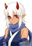  bare_shoulders blue_scarf breasts bright_pupils closed_mouth commentary_request dated detached_sleeves hair_between_eyes horns konshin looking_at_viewer medium_breasts original pointy_ears red_eyes scarf signature simple_background solo upper_body white_background white_hair 