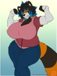  ailurid anthro big_breasts breasts bulge clothed clothing curvaceous dickgirl facial_piercing flexing huge_breasts intersex lip_piercing looking_at_viewer mammal mia_(talash) piercing red_panda smile solo standing veyll 