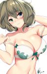  bangs bare_shoulders blue_eyes blush bow bra breasts brown_hair cleavage collarbone commentary_request dated eyebrows_visible_through_hair floral_print green_bow green_eyes hair_between_eyes hand_behind_head heterochromia highres idolmaster idolmaster_cinderella_girls large_breasts mole mole_under_eye navel off_shoulder short_hair signature simple_background smile solo strap_pull swept_bangs takagaki_kaede tony_guisado underwear white_background white_bra 