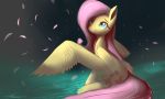  2018 absurd_res auroriia cutie_mark equine eyebrows eyelashes feathered_wings feathers female feral flower_petals fluttershy_(mlp) friendship_is_magic hair hi_res hooves long_hair looking_up mammal my_little_pony nude pegasus petals pink_hair portrait signature sitting solo teal_eyes water wind wings yellow_feathers 