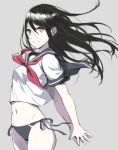  arms_behind_back black_hair black_panties black_sailor_collar closed_mouth commentary_request cowboy_shot crop_top floating_hair grey_background grey_sailor_collar long_hair navel neckerchief no_pants original panties red_neckwear sailor_collar school_uniform serafuku short_sleeves side-tie_panties simple_background smile solo tonee underwear 