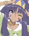  animal_ears bracelet closed_mouth commentary earrings facial_mark fate/grand_order fate_(series) green_shirt hands_up headband highres hoop_earrings jackal_ears jewelry long_hair looking_at_viewer medjed nico_nico_nii nitocris_(fate/grand_order) one_eye_closed purple_eyes purple_hair shirt simple_background smile solo tonee upper_body white_background 