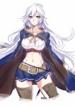  belt blue_cape blue_skirt boots braid breasts cape cleavage commentary_request contrapposto cowboy_shot granblue_fantasy konshin long_hair looking_at_viewer miniskirt navel orange_eyes silva_(granblue_fantasy) simple_background skirt solo standing thigh_boots thighhighs thighs white_background white_hair zettai_ryouiki 