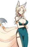  animal_ears bare_shoulders blonde_hair blue_dress bracelet breasts cleavage closed_eyes collar commentary_request covered_navel dress fox_ears fox_tail jewelry konshin large_breasts legband long_hair multiple_tails original side_slit simple_background sleeveless sleeveless_dress smile solo tail white_background 