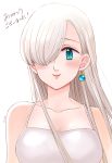  aqua_eyes artist_name bangs bare_shoulders blue_earrings blue_eyes blush breasts cleavage collarbone elizabeth_liones hair_over_one_eye harumiya jewelry lips long_hair looking_at_viewer nanatsu_no_taizai single_earring smile upper_body white_background white_hair 