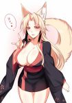  :d animal_ears bangs black_kimono blonde_hair blush breasts cleavage commentary_request cowboy_shot fox_ears fox_shadow_puppet fox_tail hair_tubes hand_up japanese_clothes kimono konshin large_breasts long_hair long_sleeves looking_at_viewer open_mouth original parted_bangs red_eyes sash smile solo tail thigh_gap wide_sleeves 