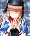 black_bow blue_shawl blush bow brown_hair commentary_request eyebrows_visible_through_hair finger_in_mouth finger_sucking fur_hat hair_between_eyes hair_ornament hairclip hat jacket kantai_collection long_hair long_sleeves looking_at_viewer orange_eyes out_of_frame outdoors pov pov_hands red_shirt sabakuomoto scarf shawl shirt snow snowing solo_focus star tashkent_(kantai_collection) torn_scarf twintails ushanka white_jacket white_scarf winter winter_clothes wrist_grab 