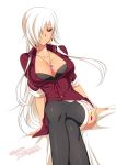  black_bra black_legwear bra breasts closed_mouth crossed_legs dated dress hair_over_one_eye jewelry konshin large_breasts long_hair necklace original red_dress signature simple_background sitting sleeves_past_wrists smile solo thighhighs underwear white_background 