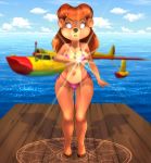  2017 absurd_res aircraft airplane anthro barefoot bear big_breasts bikini black_nose breasts brown_fur brown_hair clothing detailed_background disney empty_eyes erohd eyebrows eyelashes female fur hair hi_res hypnosis looking_at_viewer magic magic_circle mammal mature_female mind_control navel open_mouth outside pentacle rebecca_cunningham ring sea solo standing swimsuit talespin teeth water 