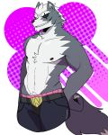  abs anthro areola biceps canine claws clothed clothing eye_patch eyewear fur hair looking_at_viewer male mammal manly muscular navel nintendo nipples pants pecs schlurpin sharp_claws sharp_teeth smile solo standing star_fox teeth topless triceps underwear video_games wolf wolf_o&#039;donnell 