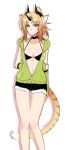  animal_ears arm_behind_back bare_legs bikini black_bikini black_choker blonde_hair blue_eyes breasts choker closed_mouth commentary_request dated drop_shadow feet_out_of_frame green_jacket horn jacket konshin looking_at_viewer medium_breasts navel original ponytail signature simple_background sleeveless_jacket solo swimsuit tail thigh_gap white_background 