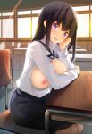  :p bangs black_neckwear black_ribbon black_skirt blush breasts breasts_outside chair classroom collared_shirt commentary_request desk dress_shirt fingernails hair_between_eyes head_rest indoors large_breasts lens_flare long_hair long_sleeves looking_at_viewer nipples original pleated_skirt ribbon school school_desk shirt skirt smile solo tongue tongue_out tsukamori_shuuji white_shirt 